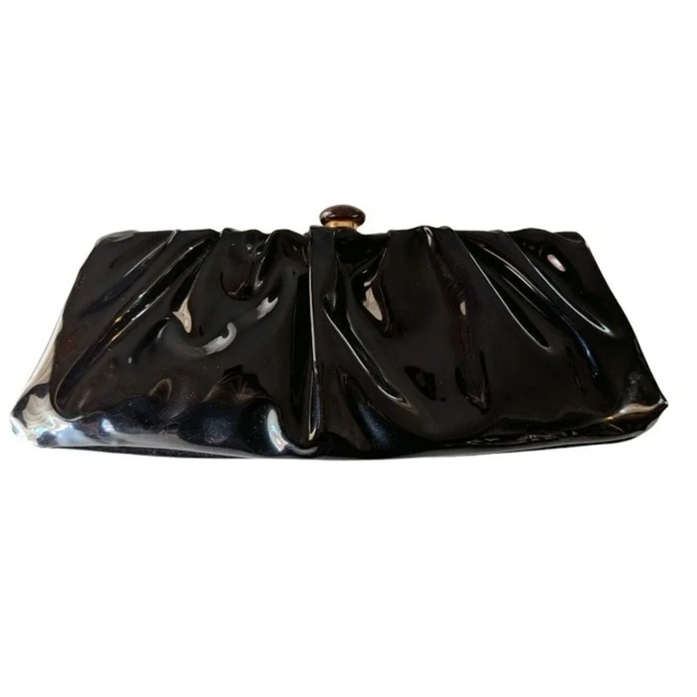 Vintage Style Black Patent Ruched Bow Clutch Gold Frame Amber Kiss Lock‎ Bag